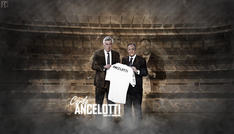 Ancelotti & Perez, carlo ancelotti, hala madrid, manager, real madrid, florentino perez, madridista, football, coach, HD wallpaper