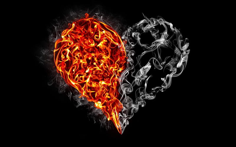heart, fire, smoke, flames, fiery heart, HD wallpaper