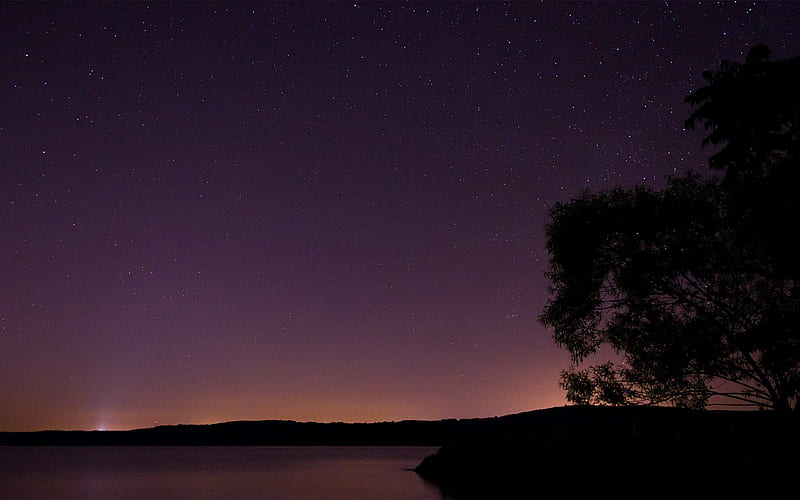 Moraine Nights, hills, stars, tree, dusk, sky, lake, night, HD wallpaper