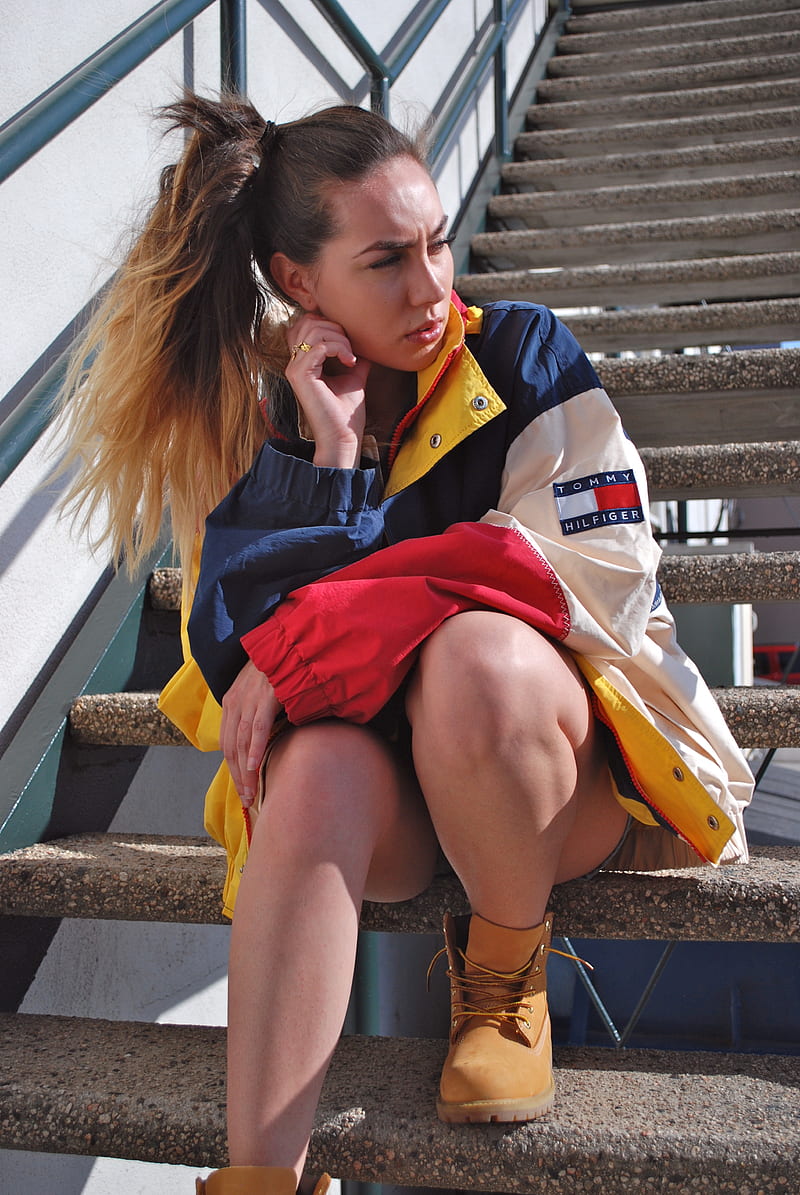 looking away, looking into the distance, Tommy Hilfiger, women, stairs, sitting, boots, HD phone wallpaper