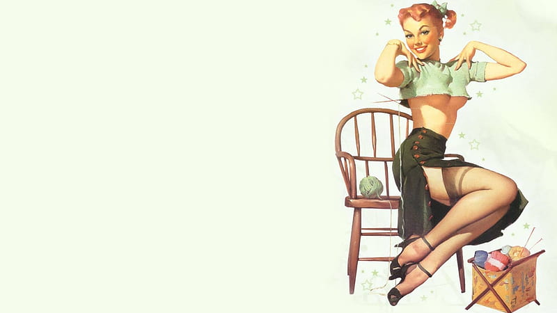 pin up girl, pin up, chair, redhead, girl, HD wallpaper