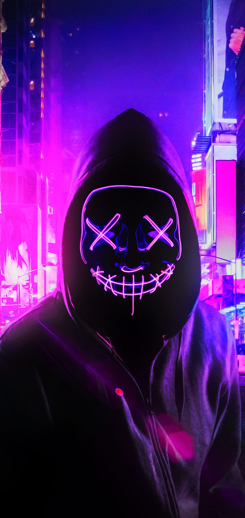 Neon mask anime, city, game night, purple, the purge, HD phone wallpaper