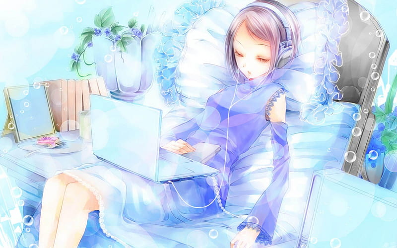 Art, pillow, dress, Artowrk, headphones, anime girl, laptop, blue, HD wallpaper