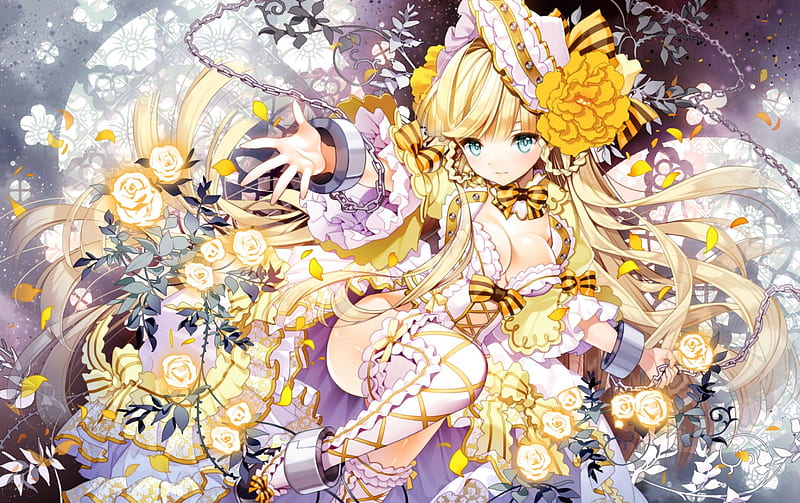 Chained Girl, pretty, glow, yellow, bonito, ribbons, sweet, anime, beauty, long hair, light, blonde, chains, sexy, roses, hat, floers, cute, girl, purple, HD wallpaper
