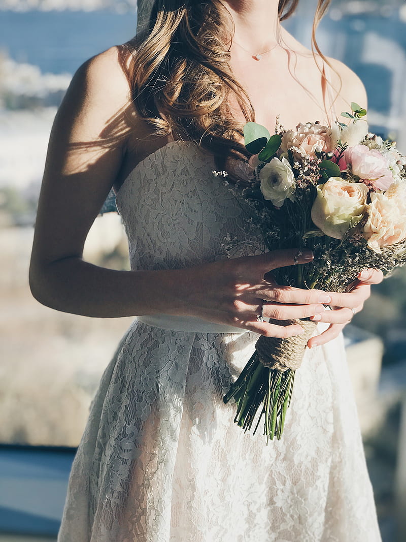 woman in white floral strapless dress holding flowers, HD phone wallpaper