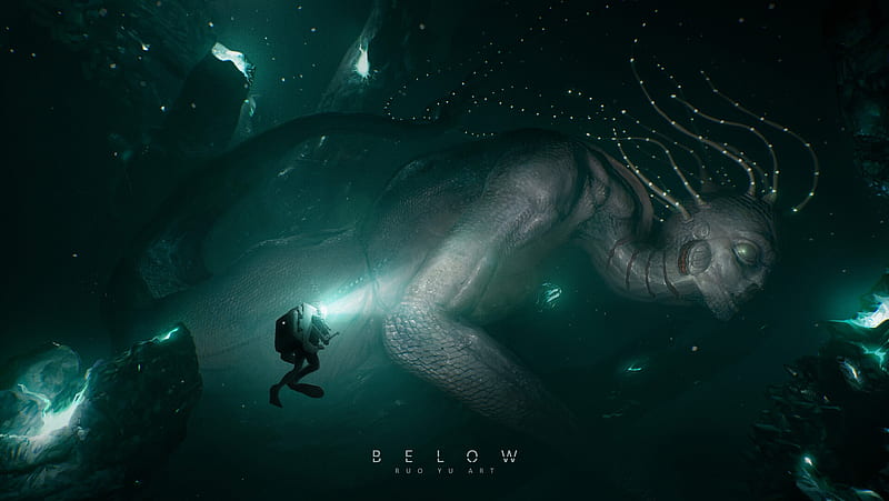 Fantasy, Sea Monster, Creature, Diver, Underwater, HD wallpaper
