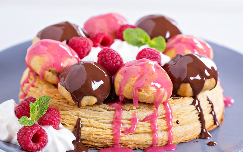 :), sweet, pink, dessert, fruit, profiterol, cake, donut, food, berry, HD wallpaper