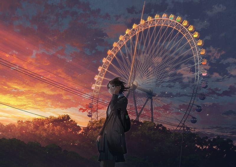 :-), girl, anime, manga, wheel, sunset, park, sky, mocha, HD wallpaper