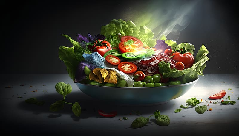 Fresh vegetable salad, Light rays, Food, Bowl, Green, Healthy, Fresh, HD wallpaper