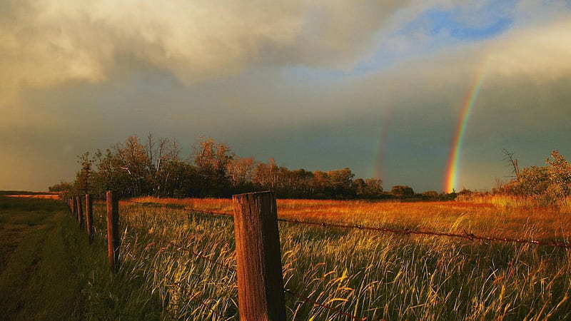 after the storm in kansas, fence, fields, rainbow, clouds, storm, HD wallpaper