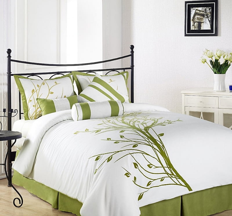 Summer Bedroom, fresh, linen, interior, desenho, abstract, beds, bedrooms, graphy, green, summer, white, HD wallpaper