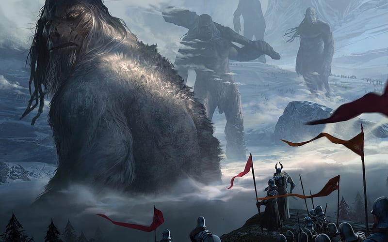 The End Of The War Of Giants And Men, snow, mountains, army, giants, mist, HD wallpaper