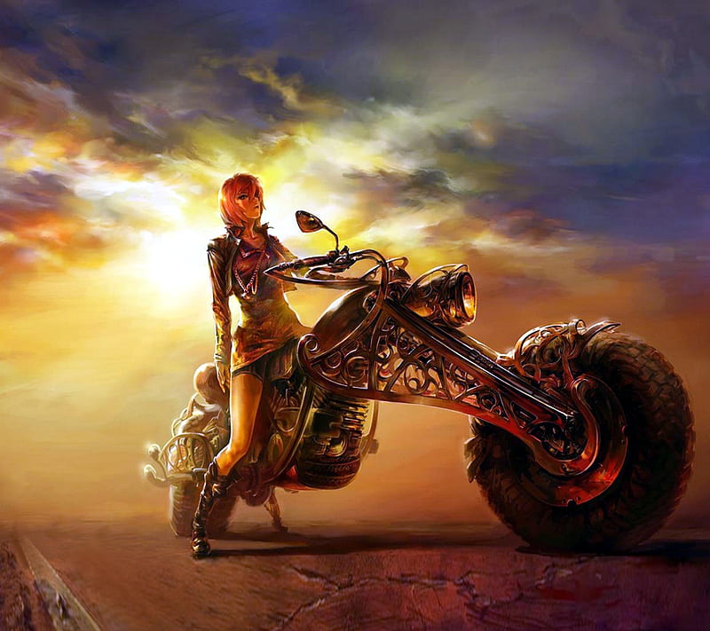 bike girl, fantasy, scifi, sky, HD wallpaper