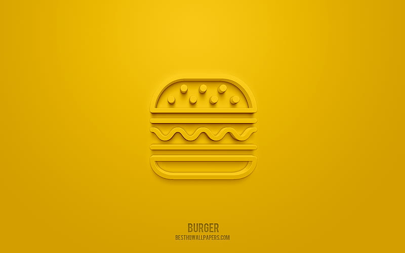 Burger 3d icon, yellow background, 3d symbols, Burger, Fast food icons, 3d icons, Burger sign, Fast food 3d icons, HD wallpaper
