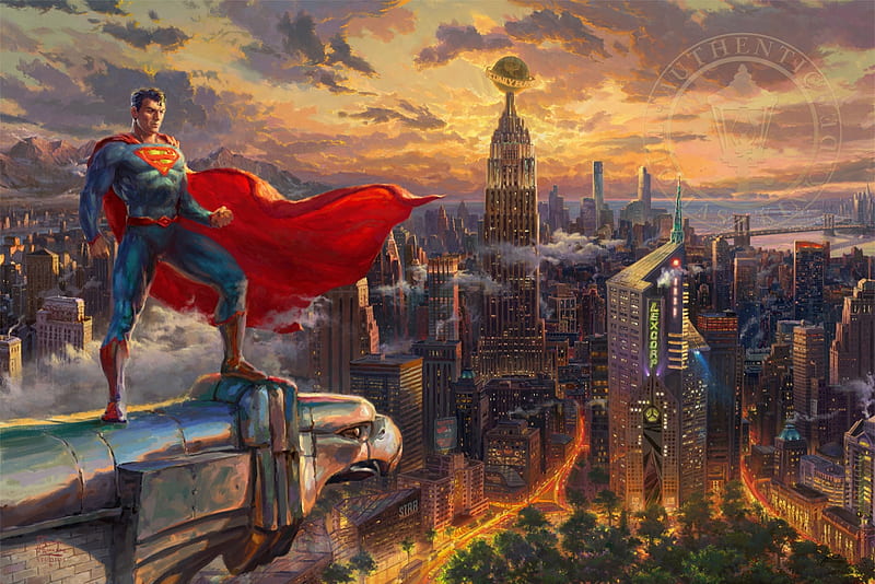 Superman-Protector of Metropolis - Kinkade Studios, city, buildings, sunset, kinkade, sky, clouds, artwork, skyscrapers, painting, HD wallpaper