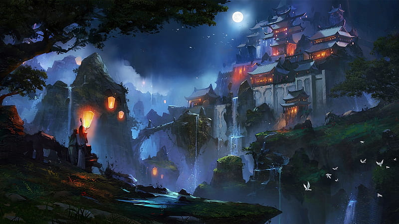 Castle under moonlight, art, fantasy, luminos, castle, blue, night, HD ...