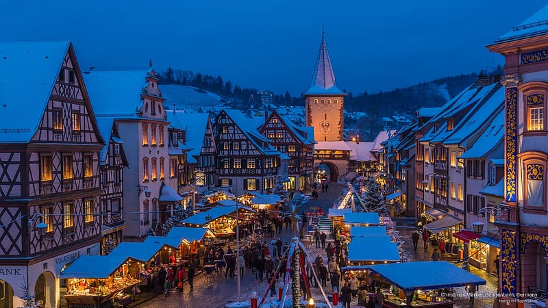 Gengenbach, Town, Mountains, Night, City, Winter, Market, Christmas, Holiday, Snow, Lights, Germany, Holidays, Black Forrest, HD wallpaper