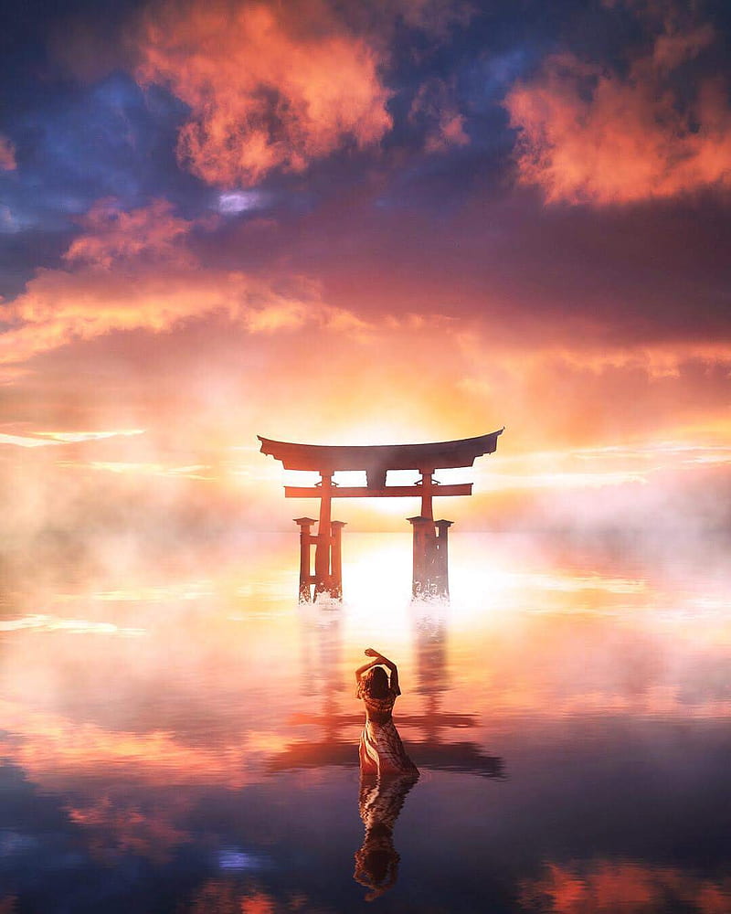 Serenity, ancient, clouds, gate, glow, japan, lady, lights, red, reflection, HD phone wallpaper