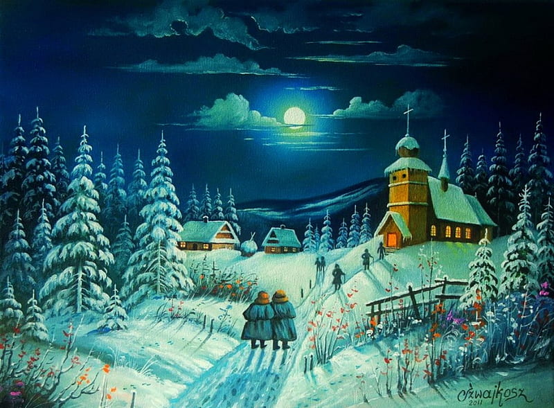Winter evening, art, church, trees, sky, winter, snow, full moon, painting, moonlight, peaceful, village, walk, chapel, evening, HD wallpaper