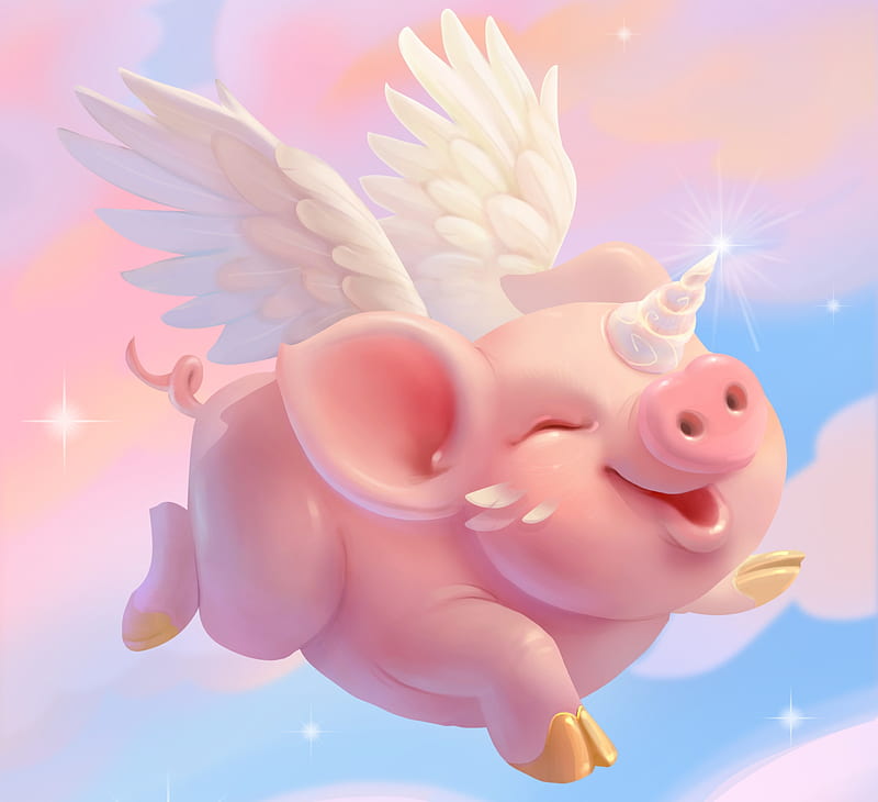Unicorn piglet, piglet, nadeza bratyakina, wings, pig, cloud, luminos, chinese zodiac, unicorn, sky, fantasy, year of the boar, pink, blue, HD wallpaper