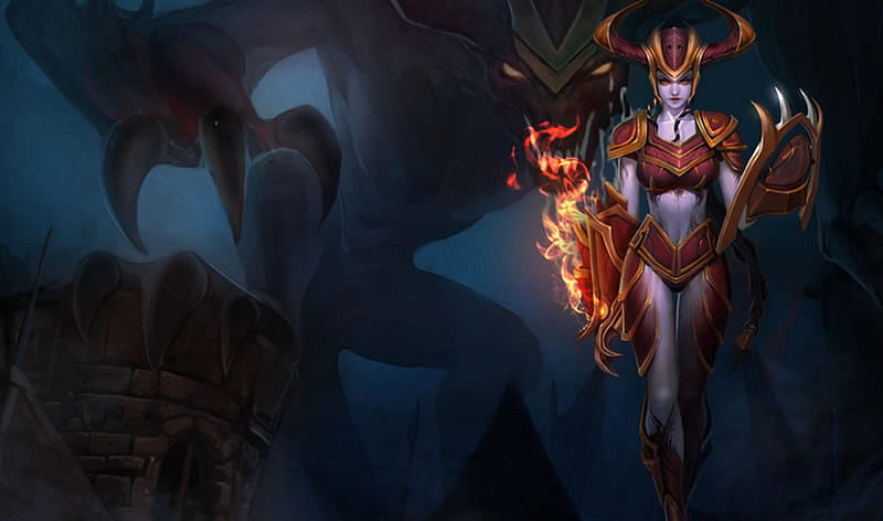 Shyvana, games, female, video game, game, video games, dark background, league of legends, armor, fire, flames, anime, lone, dark, beast, armour, HD wallpaper