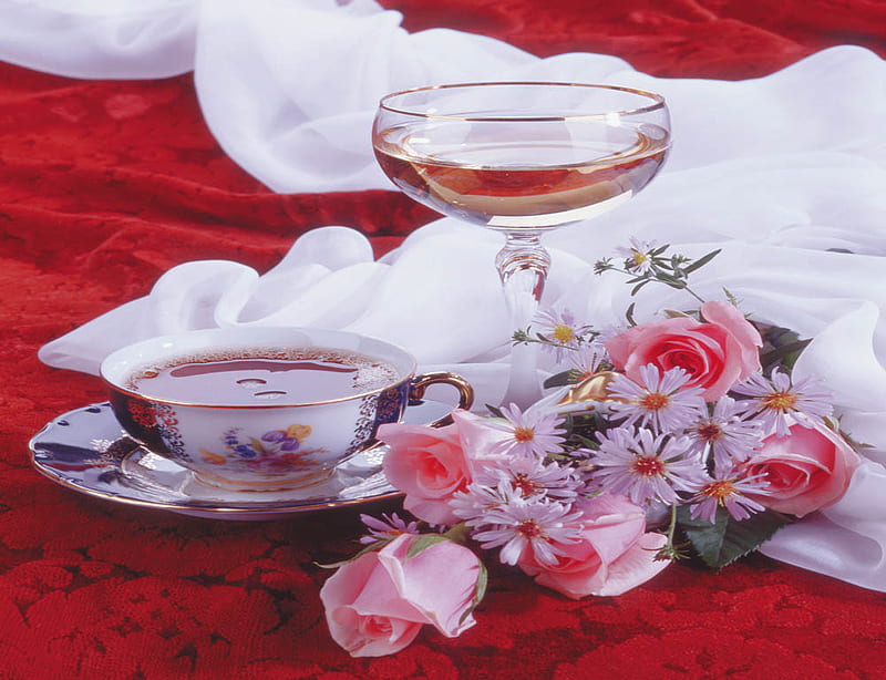 Tableware, red, wine, roses, tablecloth, tea, HD wallpaper