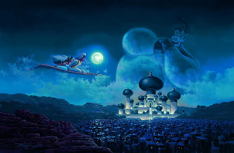 Aladdin, genio, azules, art, rodel gonzalez, luminos, luna, jazmín,  fantasía, Fondo de pantalla HD | Peakpx