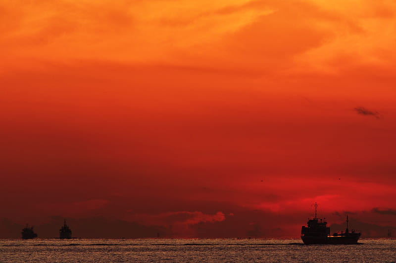 sea, sunset, ship, dark, dusk, HD wallpaper