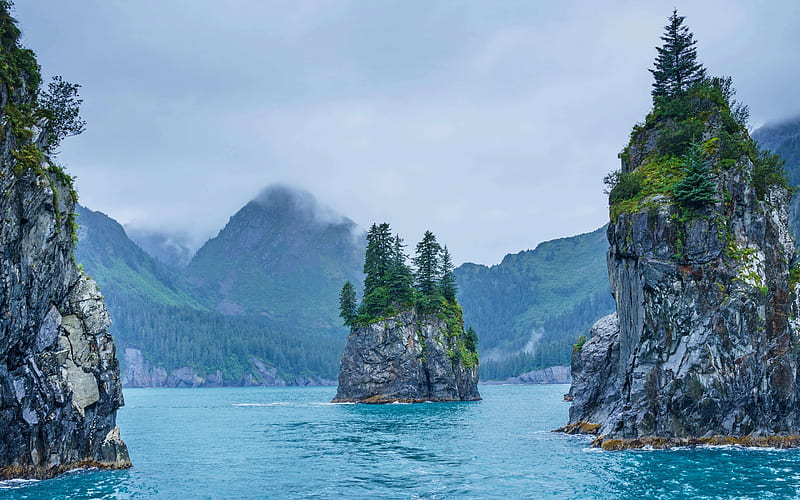 Cove of Spires, fjord, mountain landscape, rocks, Kenai Fjords National Park, Alaska, USA, HD wallpaper