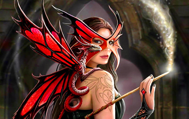 Red Mask, fantasy, girl, butterfly, digital, woman, mask, red, art, bonito, HD wallpaper Red Mask, fantasy, girl, butterfly, digital, woman, mask, red, art, bonito, HD wallpaper