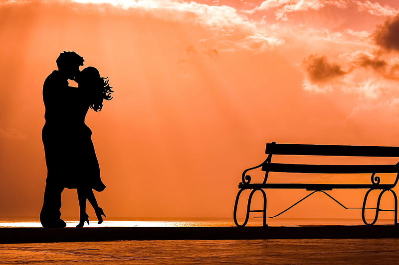 Loving Couple, Love, Bench, Silhouette, Orange so, HD wallpaper
