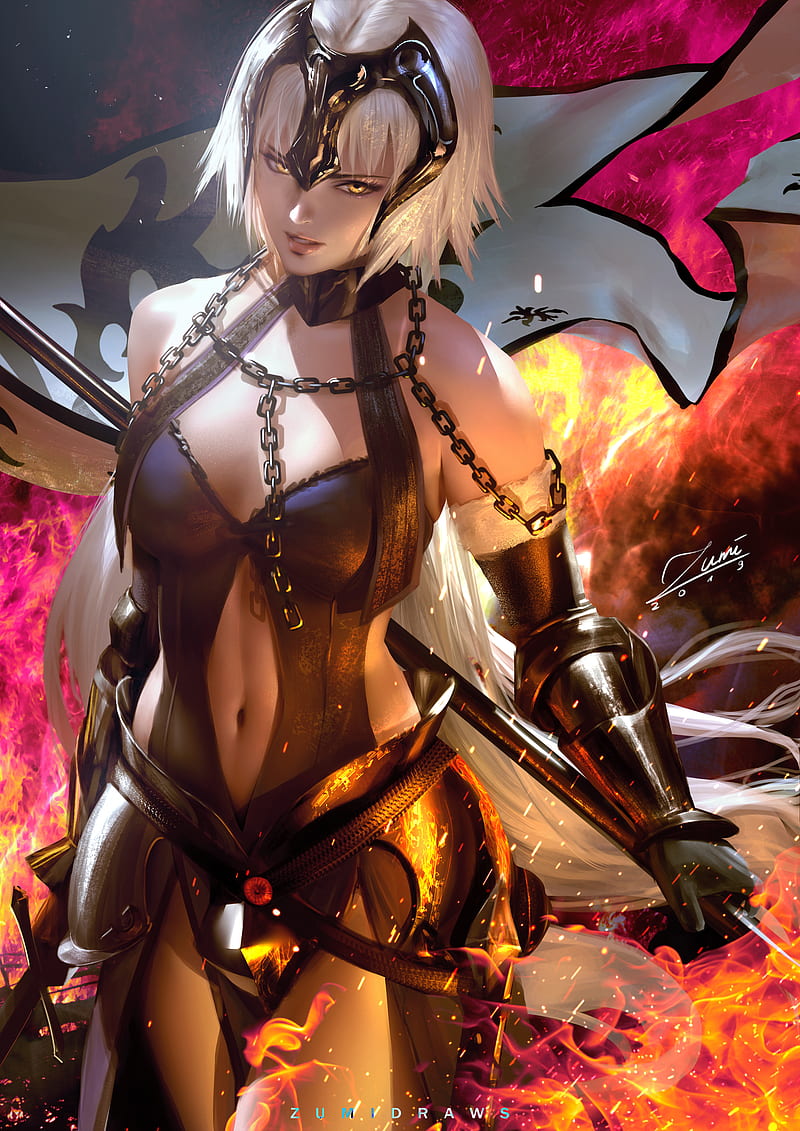 Jeanne (Alter) (Fate/Grand Order), Fate/Grand Order, Fate Series, white hair, long hair, looking at viewer, yellow eyes, armor, dress, cleavage, chains, bare shoulders, sword, banner, fire, fantasy girl, anime, anime girls, sparks, fantasy art, artwork, digital art, drawing, fan art, Zumi, 2019 (Year), HD phone wallpaper