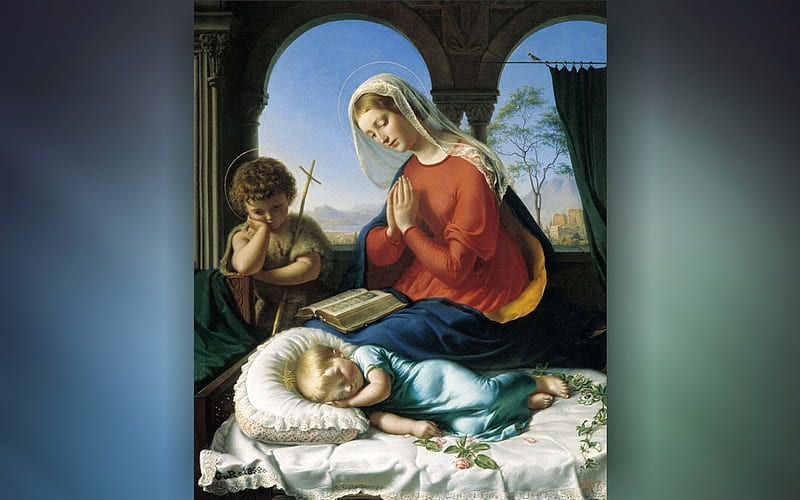 Mary, John and Sleeping Jesus, John, painting, Jesus, Mary, sleeping, HD wallpaper