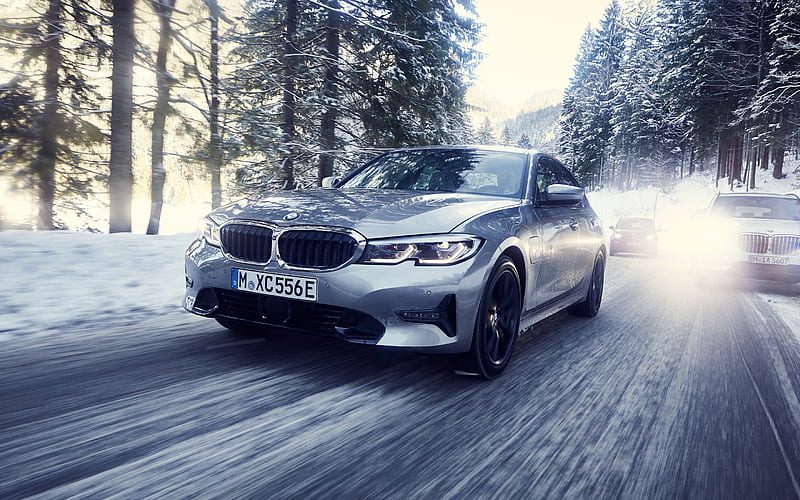 BMW 3, 2019, 330e, plug-in hybrid, new silver BMW 3, exterior, riding on a snowy road, riding on ice, BMW, HD wallpaper