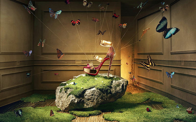 christian louboutin shoes, butterflies, grass, shoes, christian, HD wallpaper