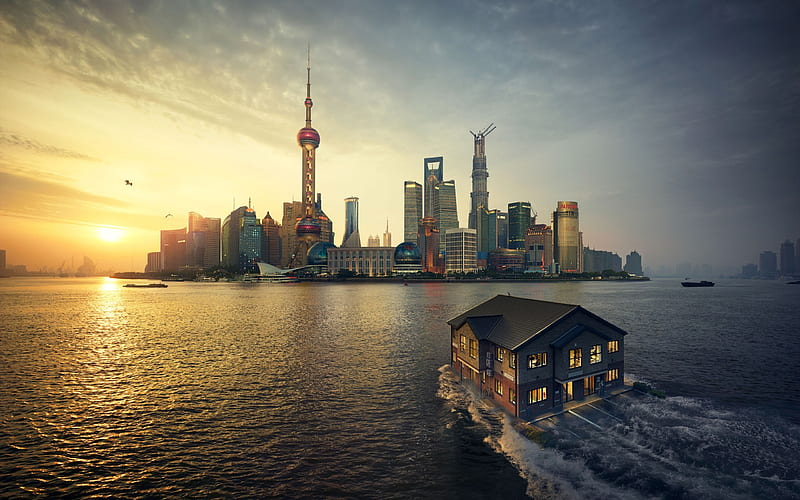 shanghai sunset, shanghai, city, buidling, houseboat, HD wallpaper