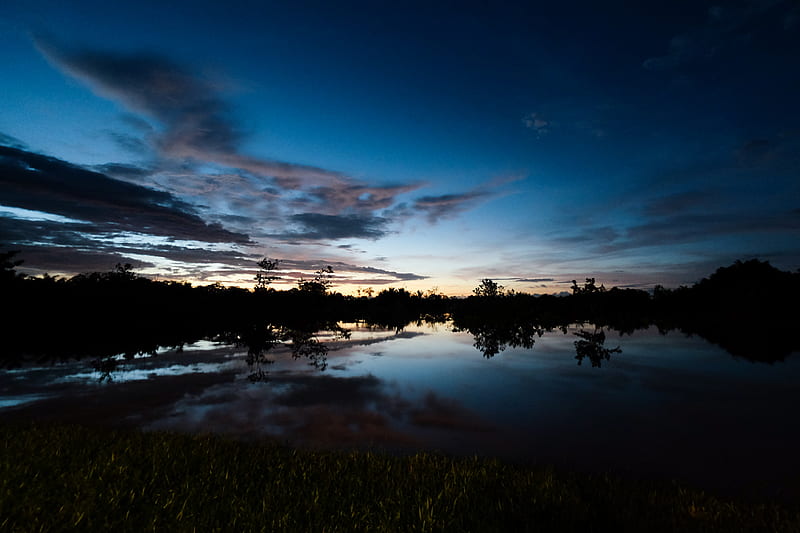 lake, dusk, trees, reflection, evening, HD wallpaper