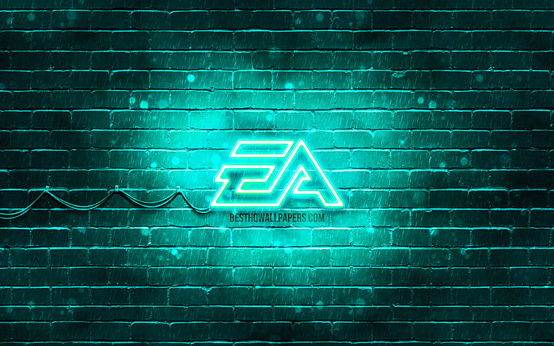EA Games turquoise logo turquoise brickwall, EA Games logo, Electronic Arts, creative, EA Games neon logo, EA Games, HD wallpaper