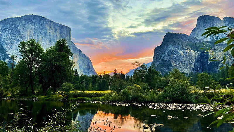 Sunrise in Yosemite Valley, California, river, clouds, trees, sky, mountains, water, reflections, usa, landscape, HD wallpaper