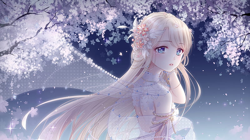 Miracle Nikki, sweet cute, petals flowers, blonde hair, soft, bonito, sky, cherry blossom, tree, anime, beauty, anime girl, long hair, night, pretty, dress, flowers, lovely, wind, nature, HD wallpaper