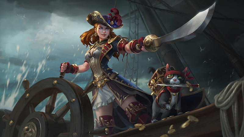 Pirate girl, girl, anna christenson, pisici, cat, hat, pirate, sword, luminos, storm, fantasy, HD wallpaper