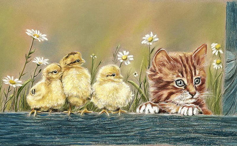 Best Wishes for Easter to All of DN, art, flowers, chicken, kitten, HD wallpaper