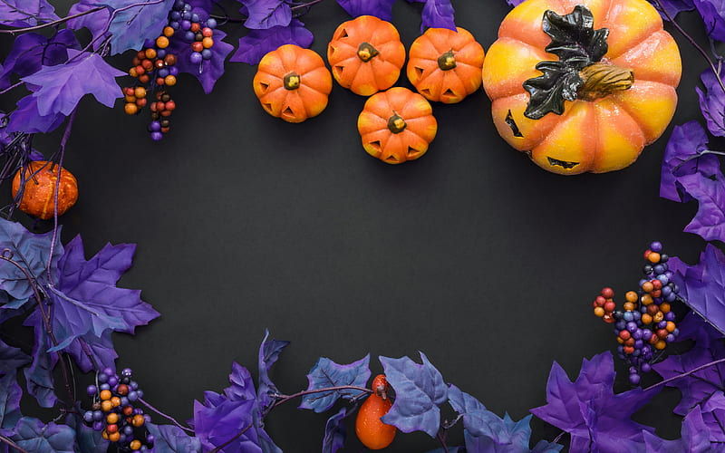 Happy Halloween!, autumn, orange, purple, pumpkin, halloween, black, leaf, card, HD wallpaper