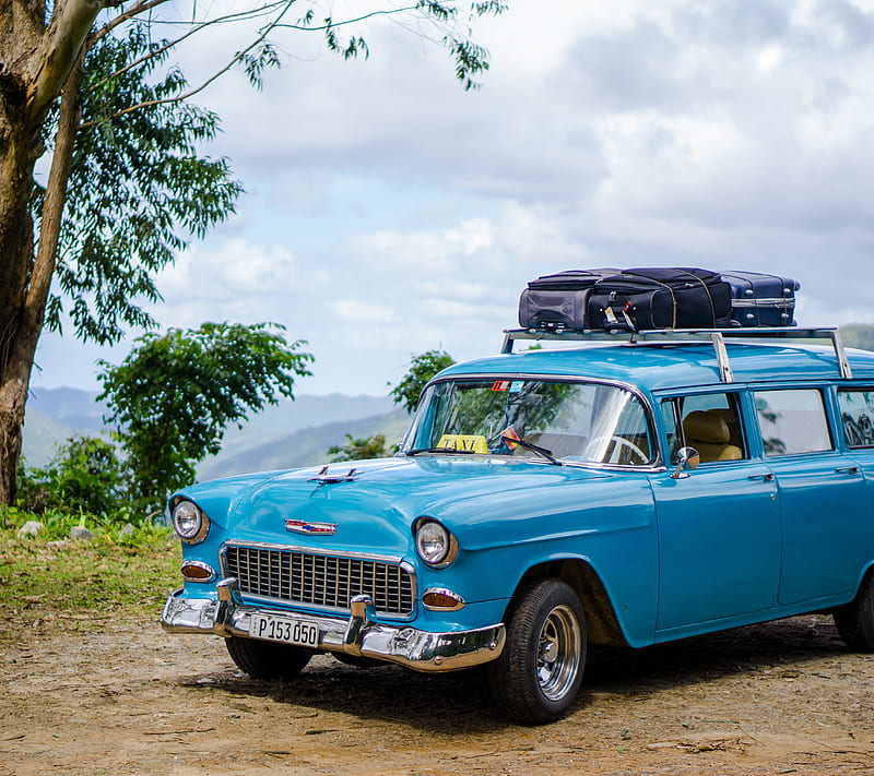 Cuba taxi, car, mountain, oldtimer, HD wallpaper