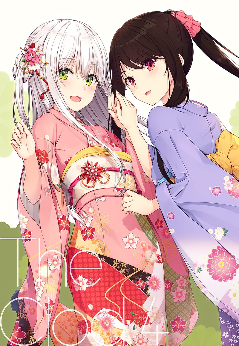 anime girls, kimono, white hair, friends, Anime, HD phone wallpaper