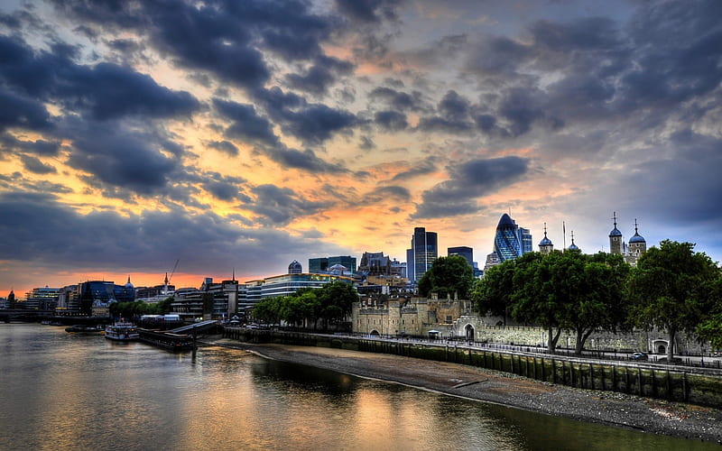 wonderful city view, new and old, modern, city, river, sunset, clouds, old, HD wallpaper