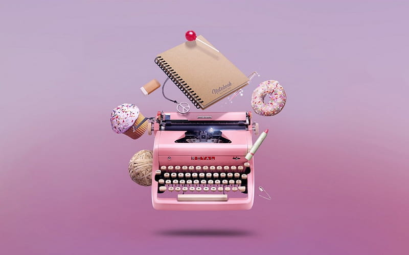 Pink typewriter, candy, lollipop, sweets, notebook, lipstick, cupcake, donut, pen, eraser, typewriter, pink, HD wallpaper