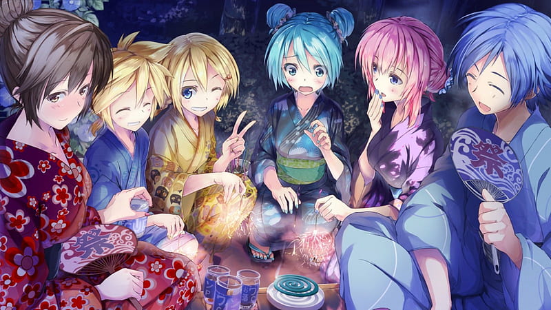 Camping in Kimono in Beauty Night, Volc, Stars, Colours, New, Anime, BG, Girls, Wall, Classic, HighSchool Ladies, Squad, Camping, Night, HD wallpaper