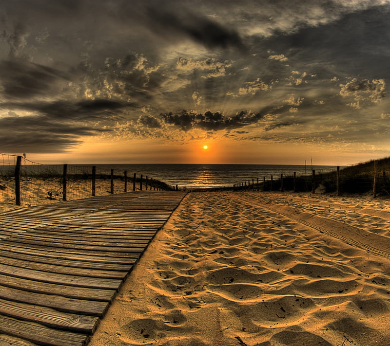 Boardwalk Path, beach, ocean, sand, sun, sunset, HD wallpaper
