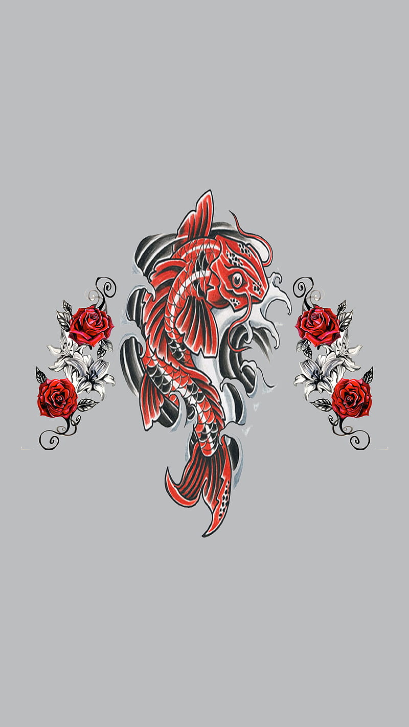 Tattooed, 929, classic, desenho, fish, koi, rose, roses, tat, tattoo, HD phone wallpaper